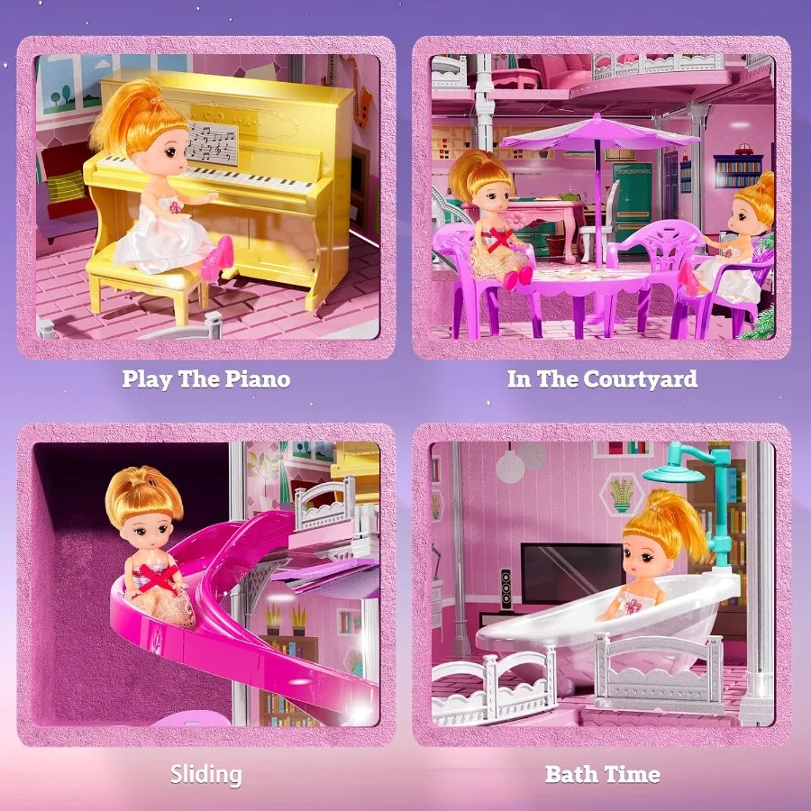 4-poziomowy zestaw do zabawy dla dziewczynek w wieku 3-7 lat z 2 lalkami, 12 pokojami, meblami i akcesoriami, zabawka do udawania zabawy w dom, prezent dla malucha