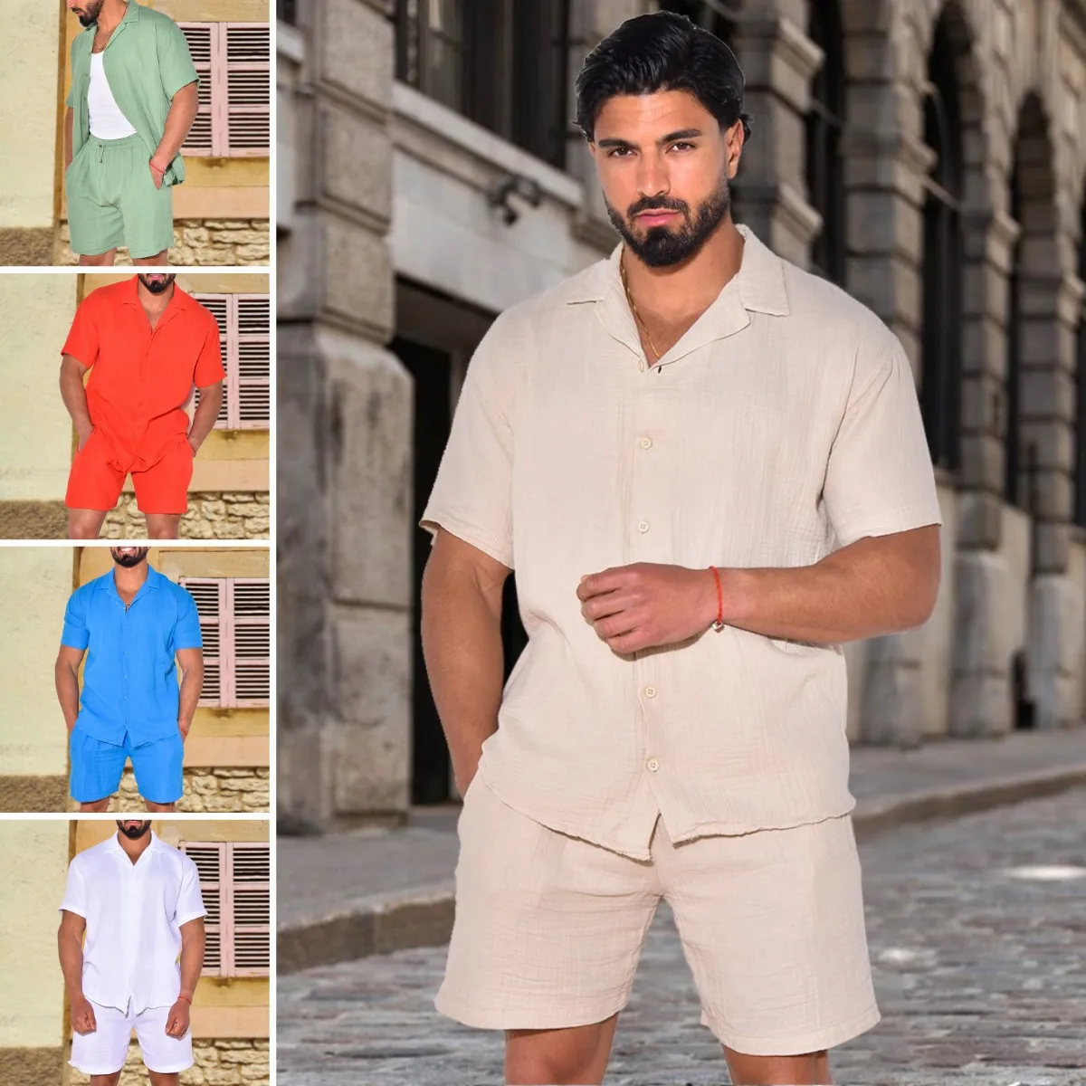 

2023 Summer New Leisure Sports Set Men's Summer Loose Short Sleeve T-shirt Shorts Men's Cotton Hemp Set Men's Clothing Sets