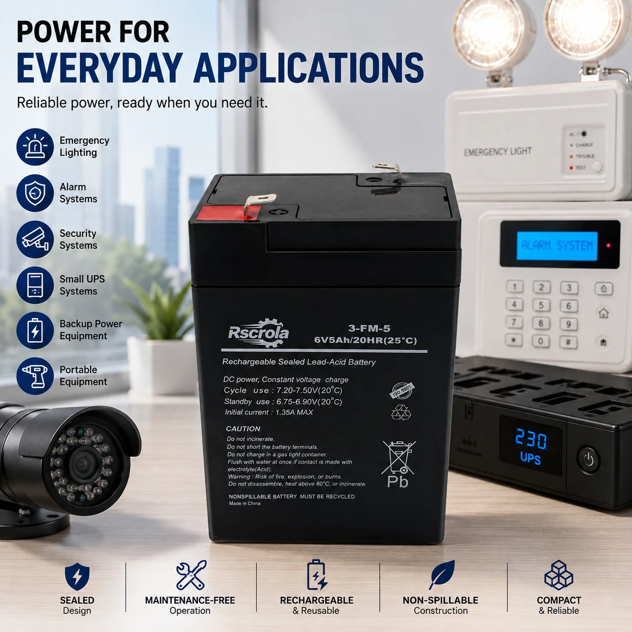 6V 5Ah SLA Battery 3-FM-5 Rechargeable Sealed Lead Acid Battery Maintenance Free for UPS Alarm Emergency Light Ride On Toys