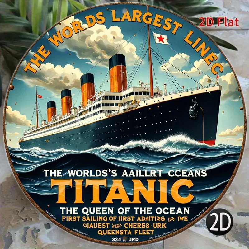 [2D Flat] Vintage 8-Inch Titanic Ship Artwork Featuring Ocean Waves - Round Aluminum Wall Sign|Single Piece, Perfect for Holiday