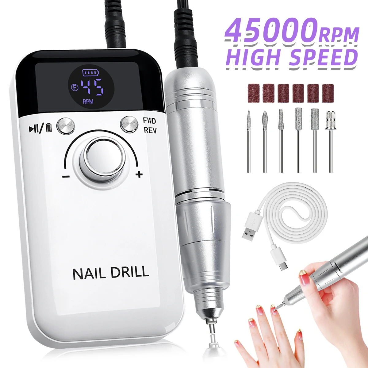 45000RPM Nail Drill Machine Portable Nail Polish Gel Sander Electric Rechargeable Nail Lathe with HD LCD Display Manicure Care