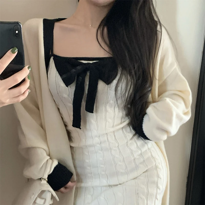 Women\'s Sweet Bow Design Knitted 2 Piece Set Dress, Long Sleeve Sweater, Korean Style, Sexy Club Party Dresses, Winter, New,2023