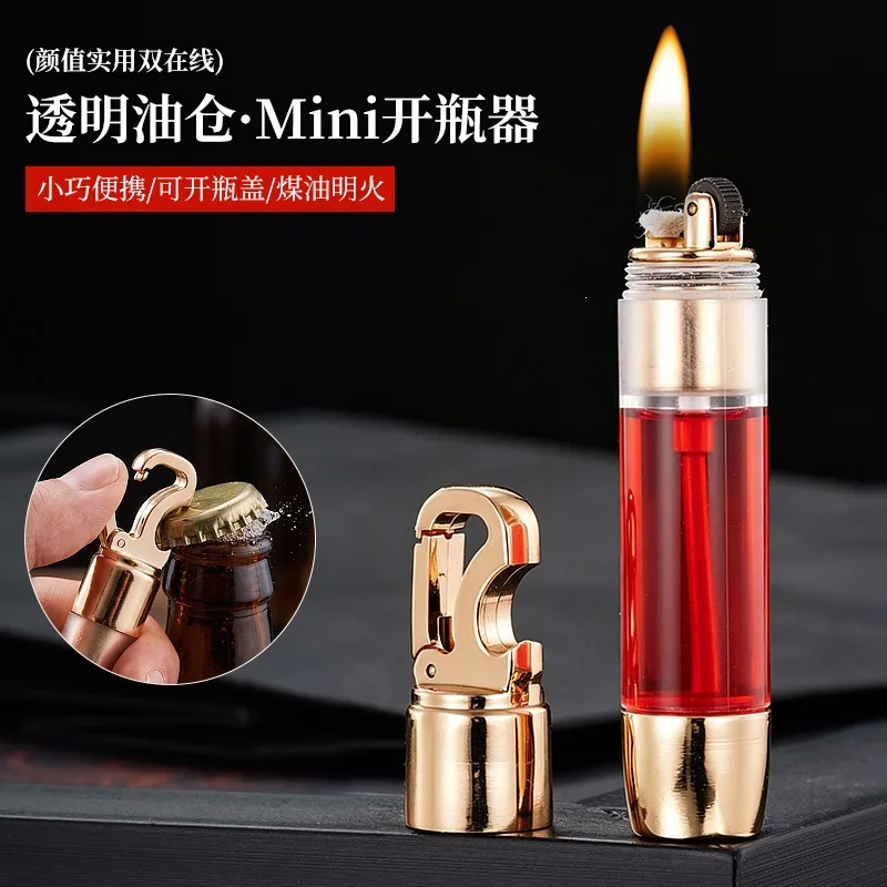 Mini Bottle Opener Lighter Transparent Oil Tank Visible Fuel Portable Keychain Fire Lighter for Men Daily Use Cool Pocket Gift