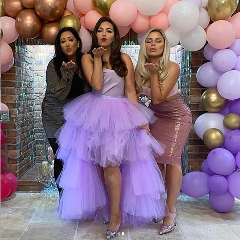 

Lavender High Low Skirts Girls Birthday Party Tiered Skirt Puffy Tulle Saias For Lady Wedding Guest Prom Party Formal Wear