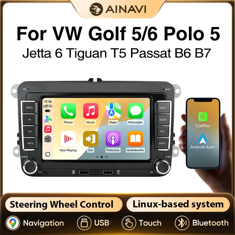 Radio para Auto AINAVI para VW Polo, Golf, Passat, Jetta, Tiguan, T5, Carplay Inalámbrico, Android Auto, Bluetooth, Estéreo para Auto, MP5, FM, USB, RDS, 2 Din, Pantalla Carplay para Coche, Autoradio, Sistemas Inteligentes para Auto