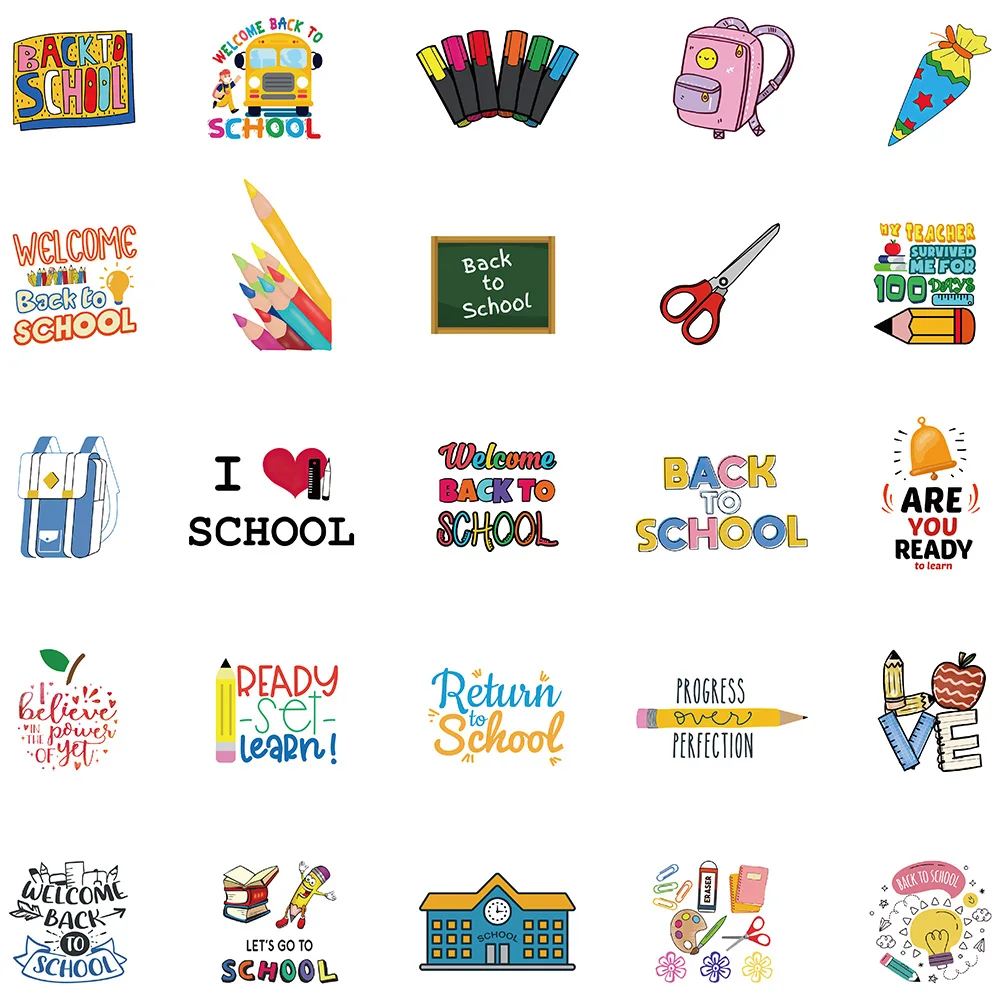 50pcs Welcome Back To School Stickers Cartoon Graffiti Decals For Kids Water Bottle Laptop Skateboard Children Toys Stickers