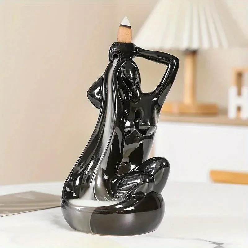 1pc,Elegant Ceramic Backflow Incense Burner for Home and Office Decoration with Beautiful Female Figure Design (Without Incense)