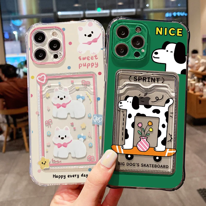 Transparent Card Slot Bag Holder Phone Case For iPhone 13 15 16 11 17 12 14 Pro Max XR XS X 7 8 Plus SE Cartoon Cute Dog Cover