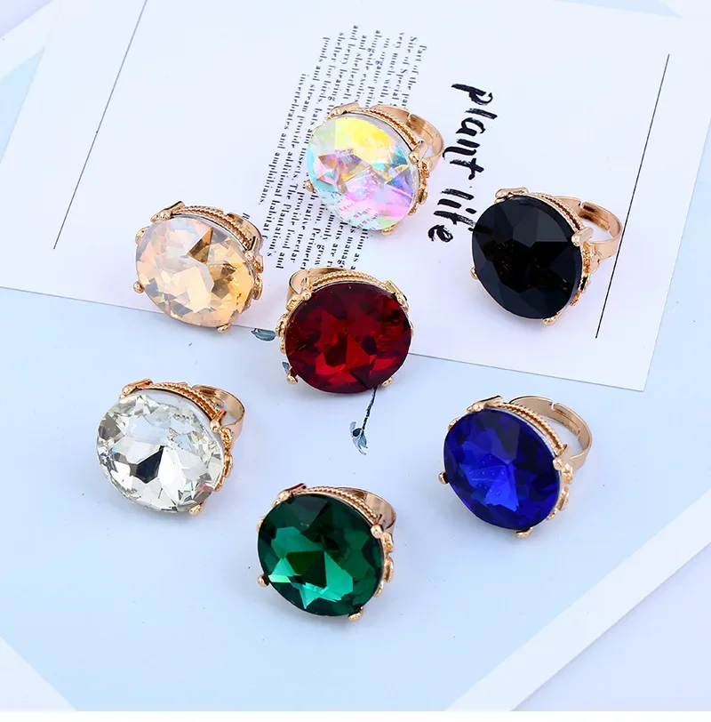 Fashion Statement Exaggerated Blue Crystal Glass Stone Chunky Adjustable Rings for Women Men Jewelry