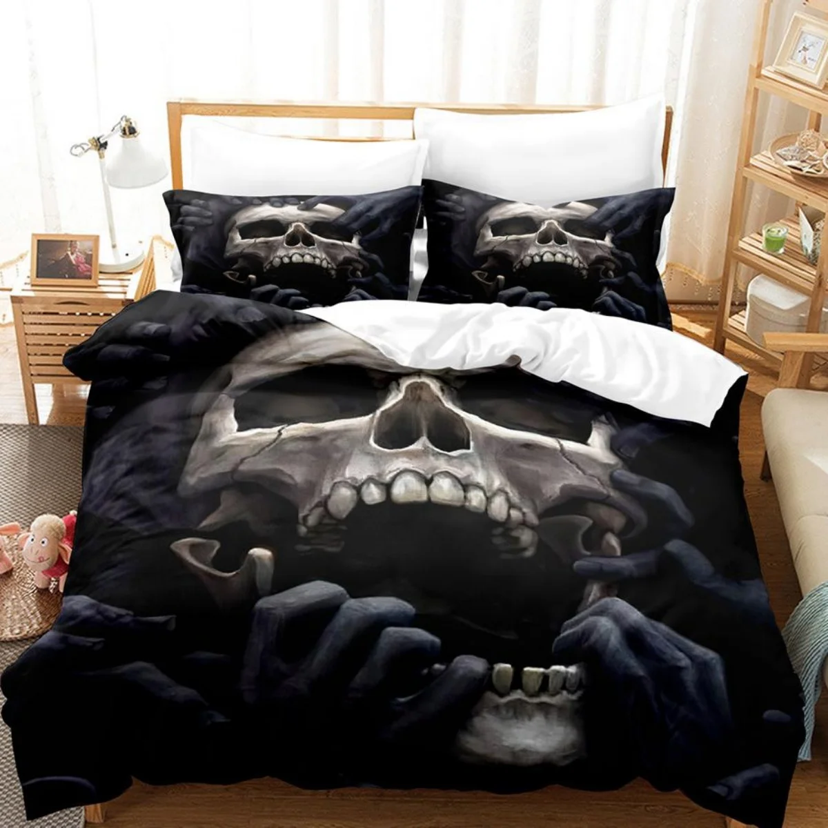 Floral Skull Comforter Cover No Filling Black Skeleton Bedding Set Antique Victorian Baroque Skull Duvet Cover Gothic Vintage