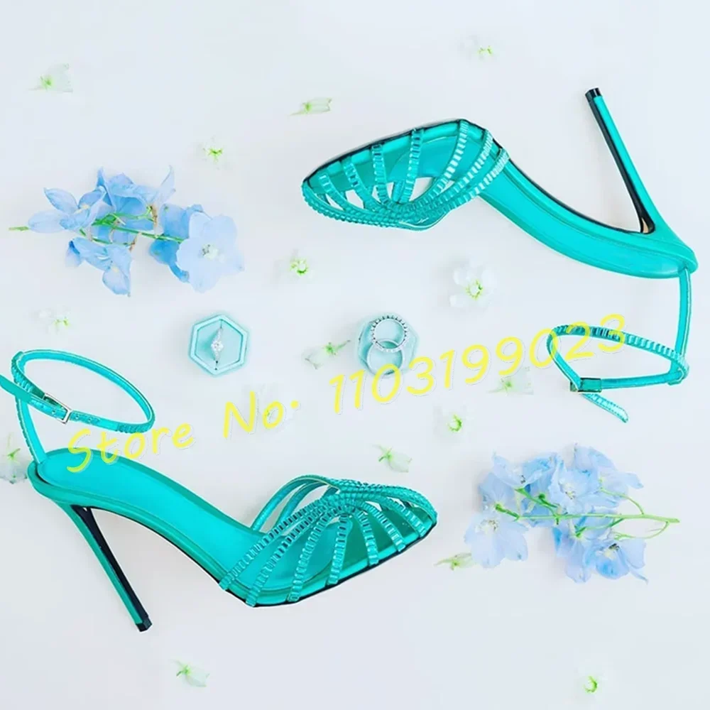 Purple Women Crystals Cage Round Toe Sandals Chic Elegant High Heels Sandals Ladies Ankle Strap Fashion Party Stiletto Shoes