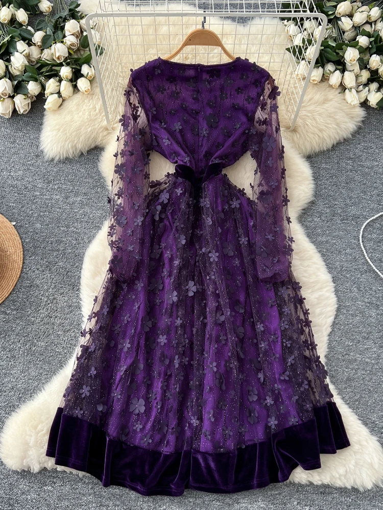 Sukienka damska w kształcie litery A z bogatym haftem, kwiatami 3D, tiulową tkaniną i wyszczuplającym krojem w talii, idealna na sezon jesienny.