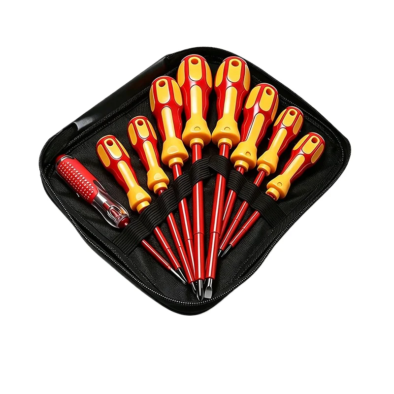 9-Piece Electrician Screwdriver Set Insulated High Voltage Resistant Tools with Voltage Tester in Cloth Bag