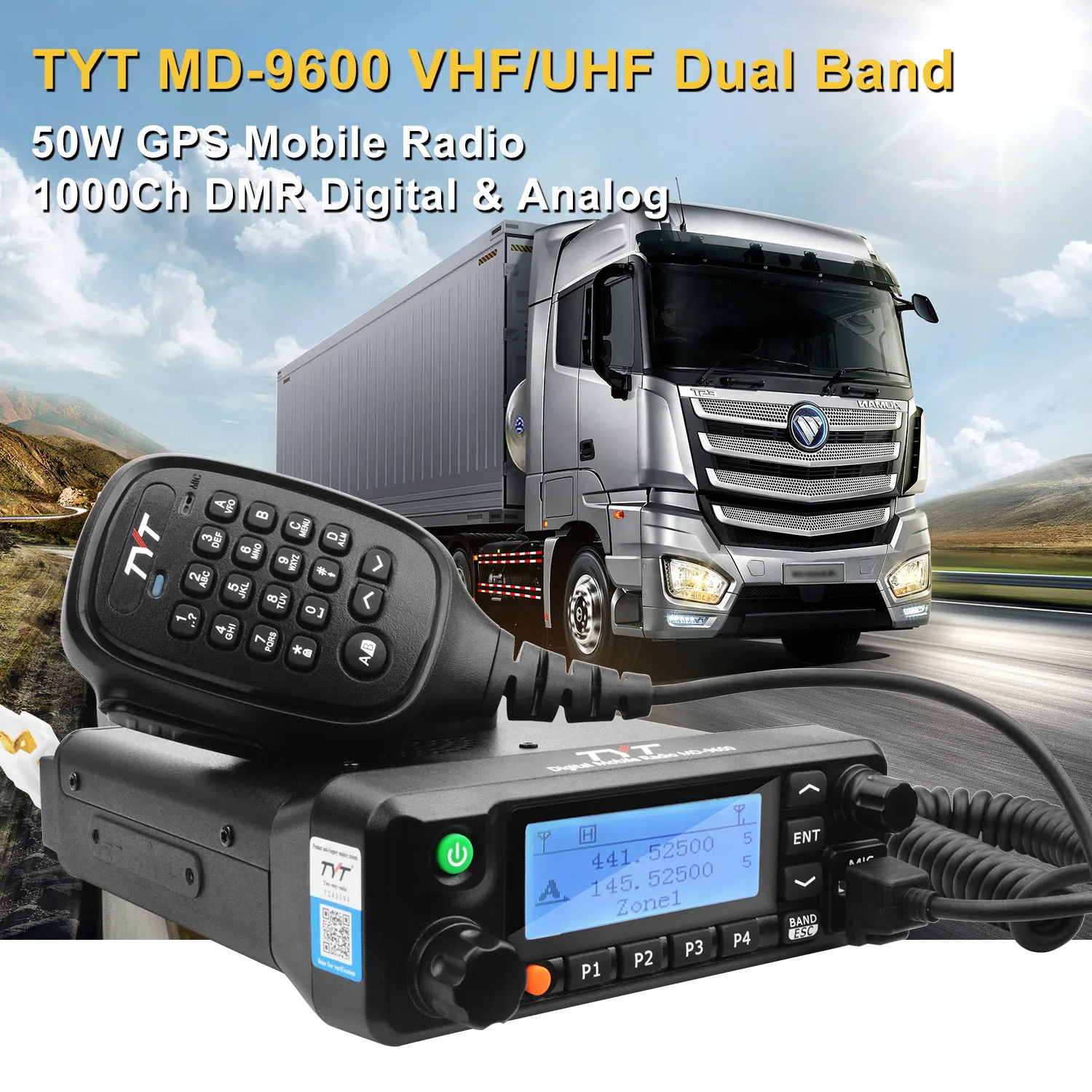 TYT Mobile Transceiver MD-9600 GPS VHF136-174MHz UHF400-480MHz Dual Band Voice Record VOX 50W DMR Digital & Analog Walkie Talkie