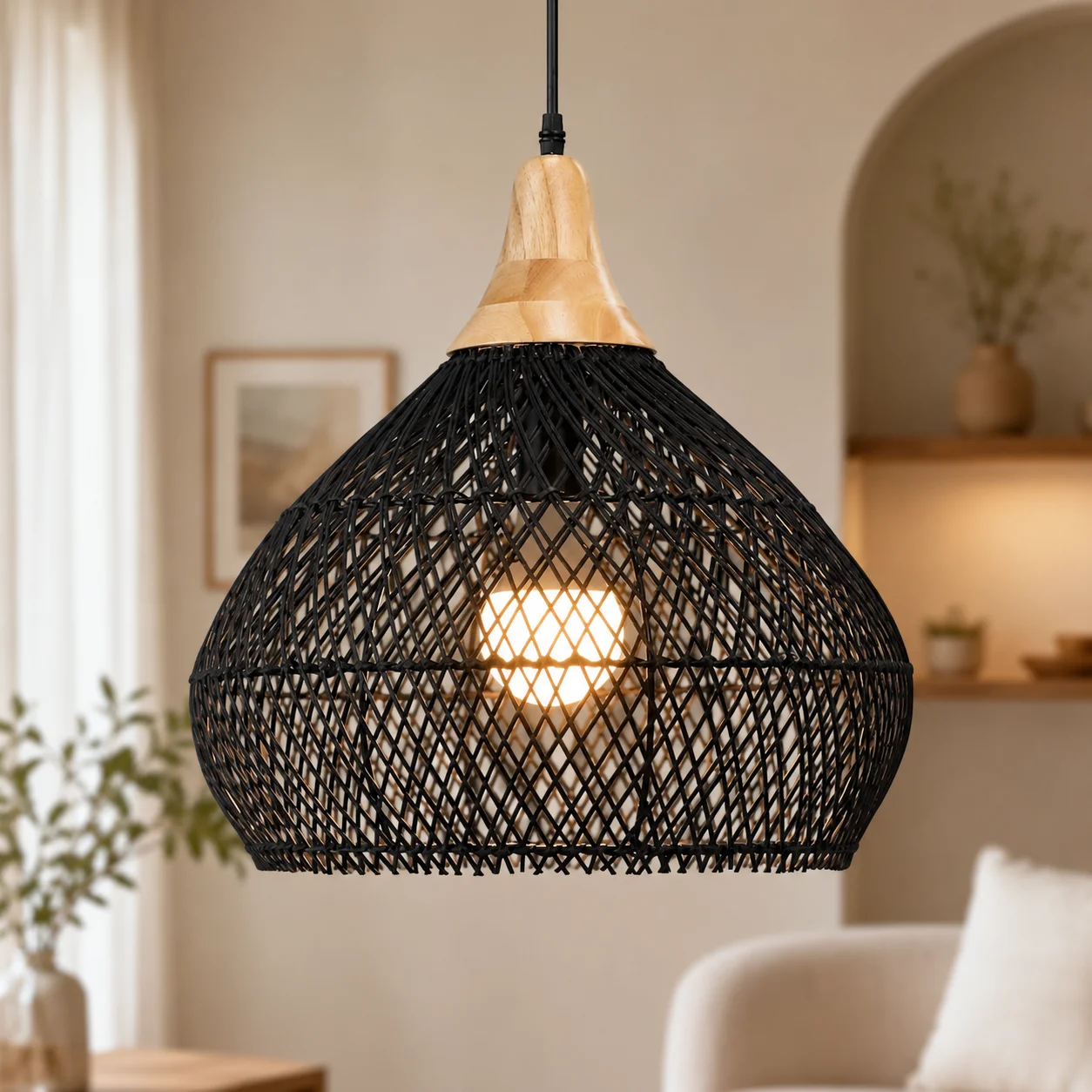 JOYINLED 40/50/60cm Natürlicher Rattan-Kronleuchter Schwarz Große Farmhaus-Insel-Pendelleuchte, E27 Handgewebte Bohemian Rustikale Beleuchtung