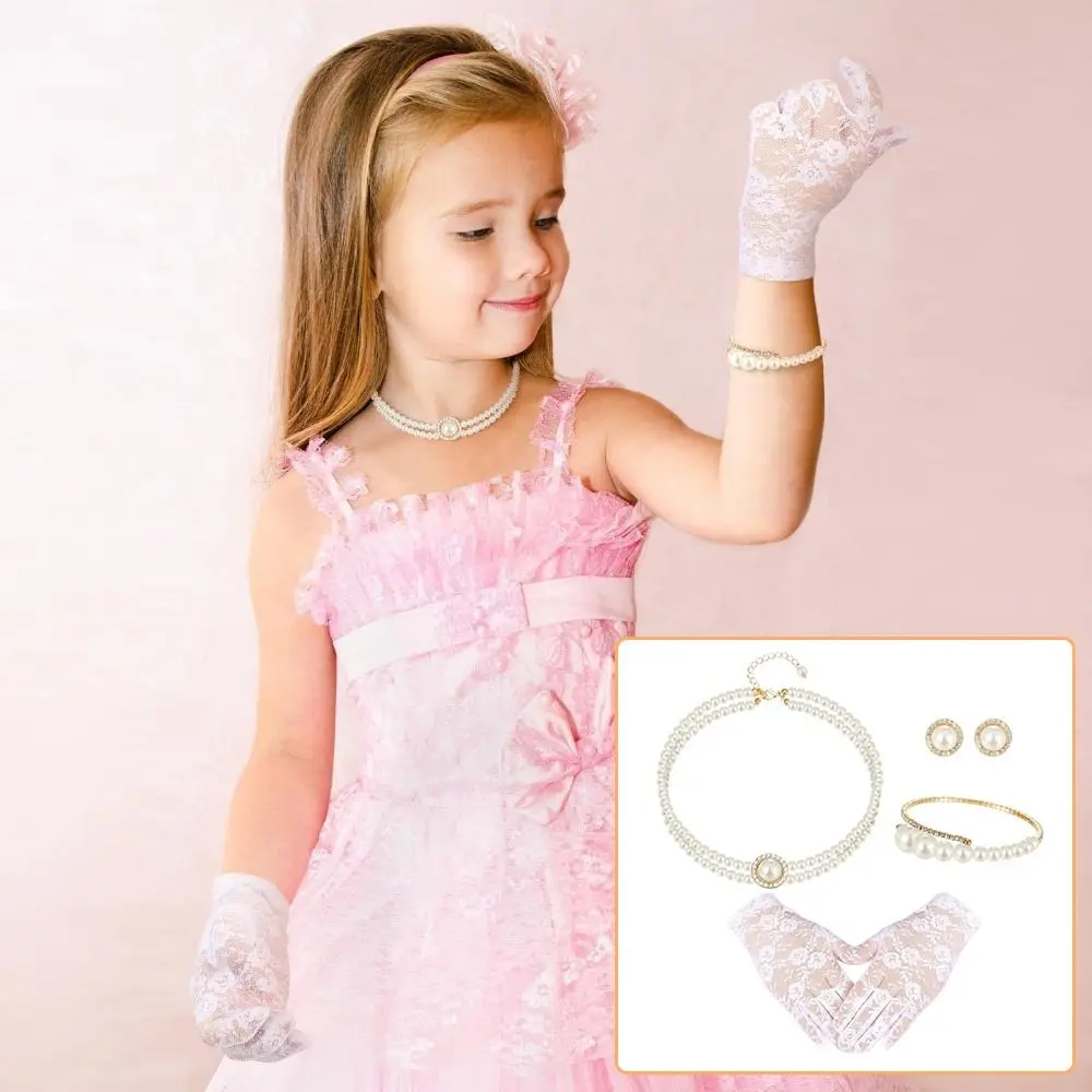

Trendy Children's Pearl Jewelry Set French Style Double-layers Collarbone Chain Pearl Necklace Set Adjustable Mesh Gloves