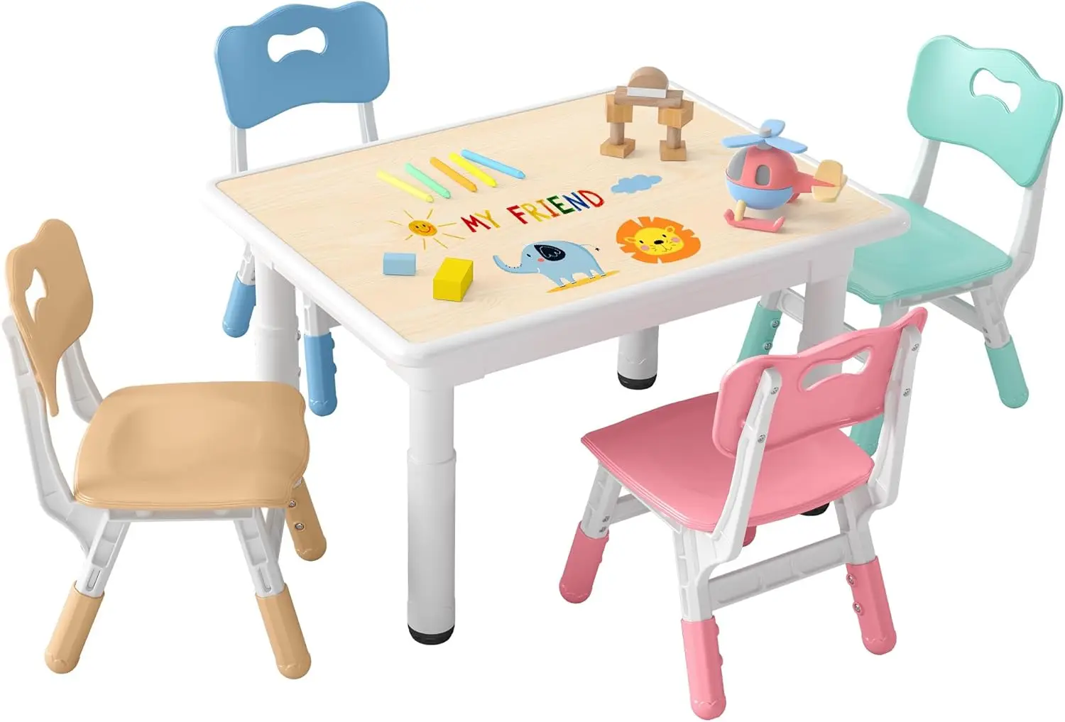 

Kids Table and 4 Chairs Set, Height-Adjustable Toddler Table and Chairs with Graffiti Desktop, 31.5''L x 23.6''W Children Activi