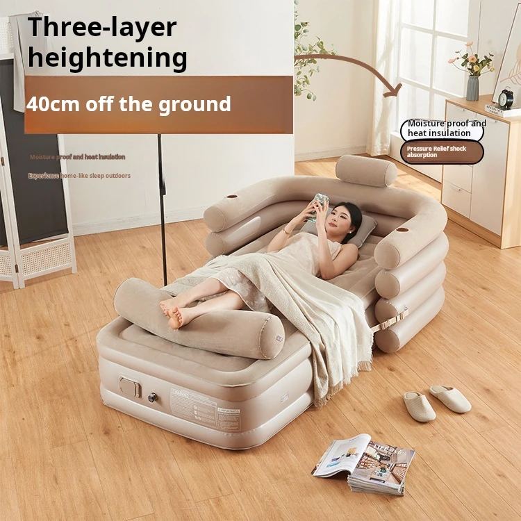 Light Grey Double Low Bed Without BackrestFlocking Inflatable Bed Thickened  Chair Tent Sleeping Mat Home air Cushion