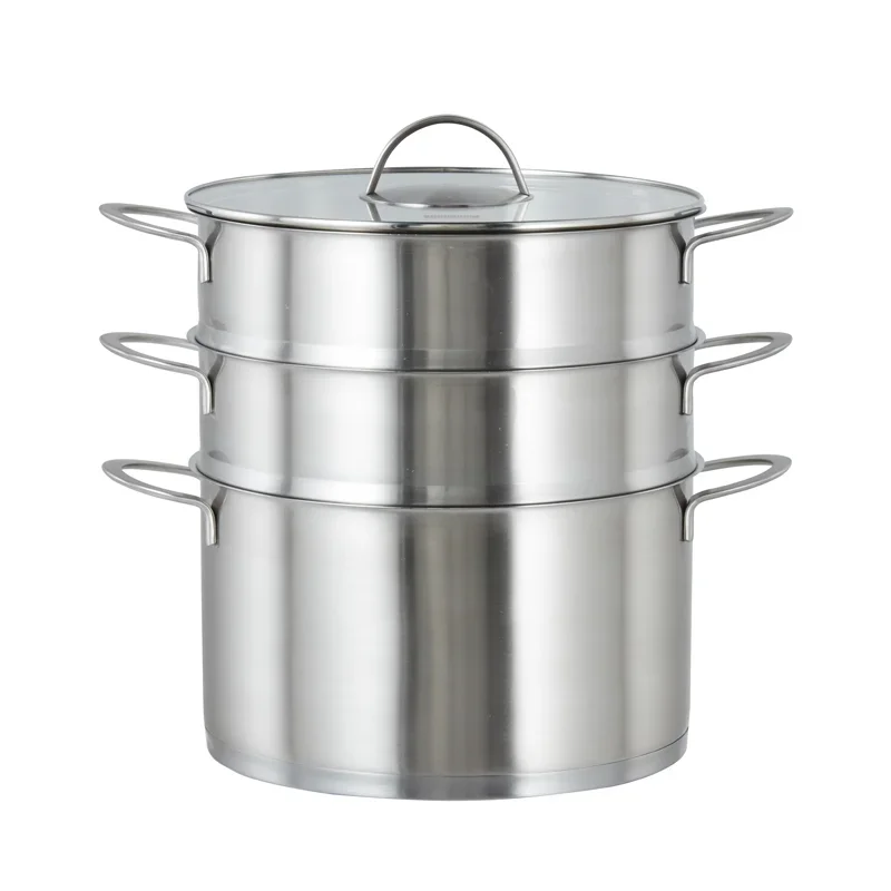 High Quality 304 stainless steel 3 layer cooking food steamer pot induction with glass lid