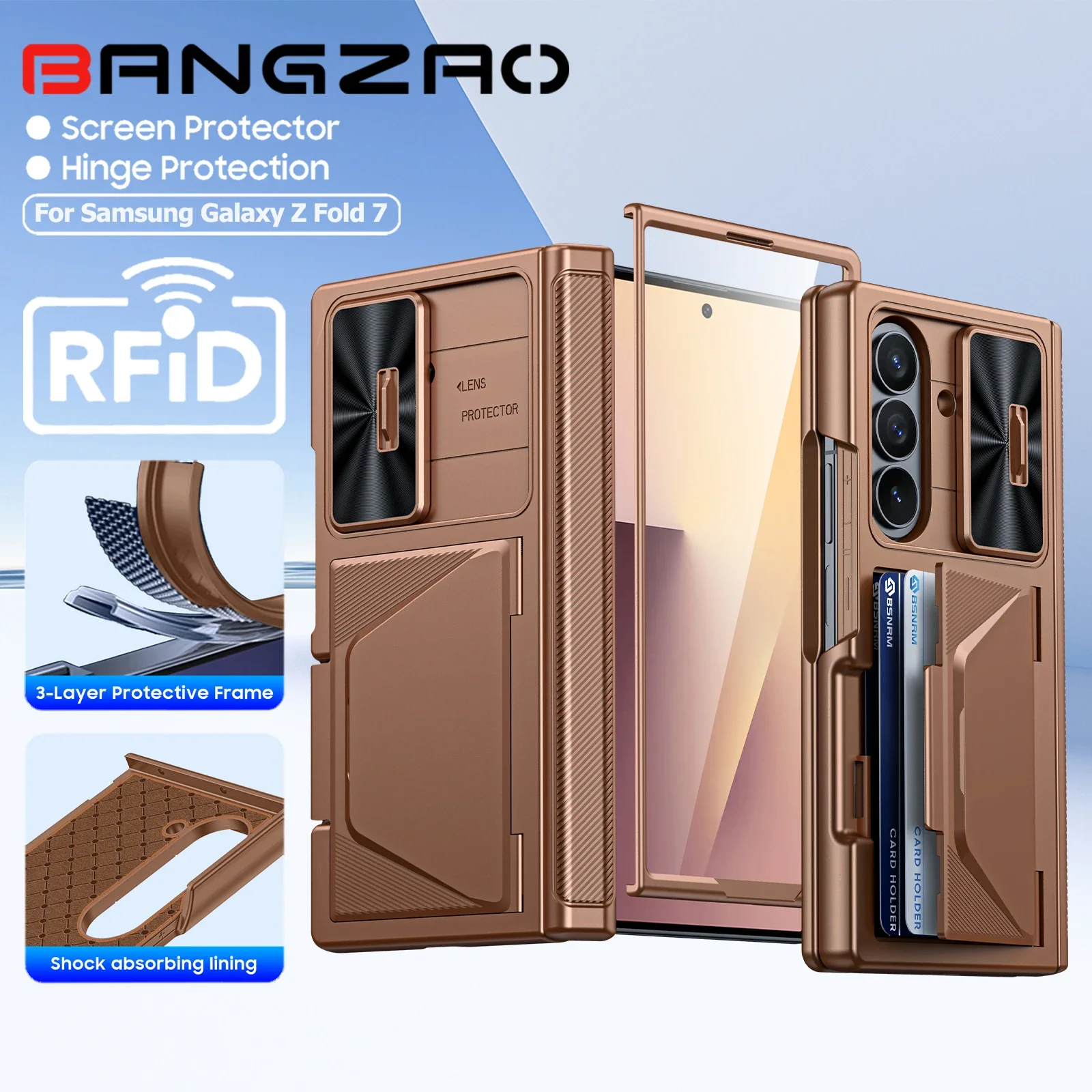 

Чехол для Galaxy Z Fold 7, RFID-кошелек с держателем для карт, защита вала, крышка камеры, противоударный силиконовый защитный чехол-золото