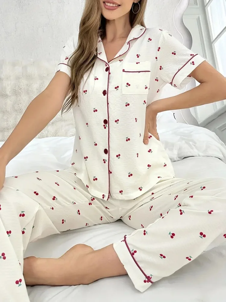 Cherry Blossom Print Pajama Set – Soft Short Sleeve Sleepwear with Lapel Collar & Elastic Waist, Spring Loungewear for Women's