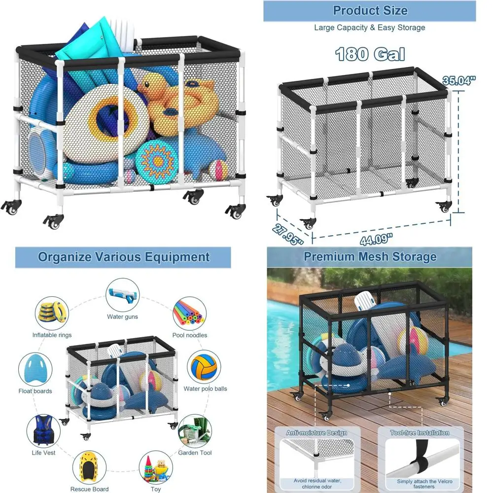

Outdoor Pool Organizer with Wheels - Holds 180 Gallons, Storage Bin for Pool Toys, Accessories, and Beach Gear in White
