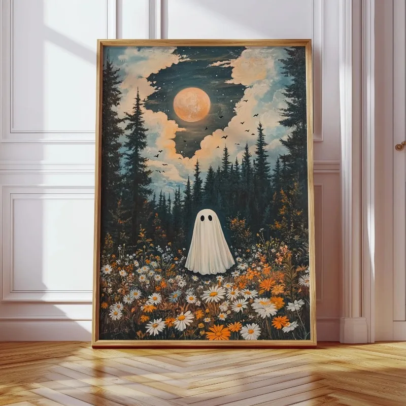 Ghost in Wildflower Forest Under Full Moon Wall Art Print Vintage Night Sky Floral Halloween Nature Home Decor Unframed Canvas