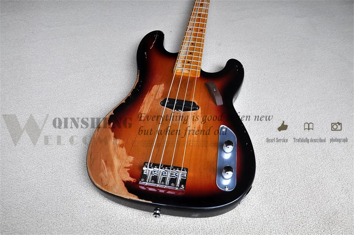 4 Strings Vingate Bass Guitar Tele Sunburst Bass Alder Wood Body Maple Fingerboard Yellow Maple Neck Fixed