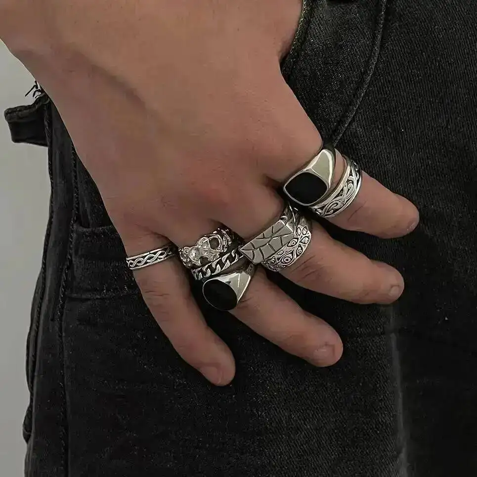 

KunJoe 8Pcs/set Trendy Punk Hip Hop Silver Color Ring for Men Vintage Geometric Irregular Finger Rings Jewelry Gothic Accesorios