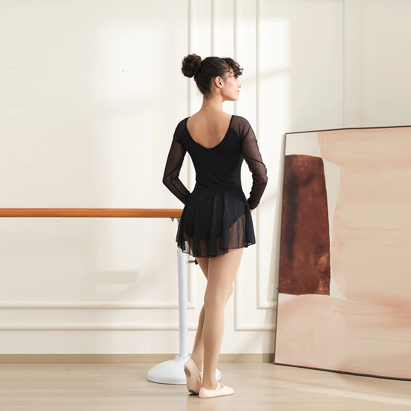 Frauen Langarm Ballett Tanz Trikot Erwachsene Tanz Rock Mesh Splice Ballett Body Volle Vorne Futter ﻿