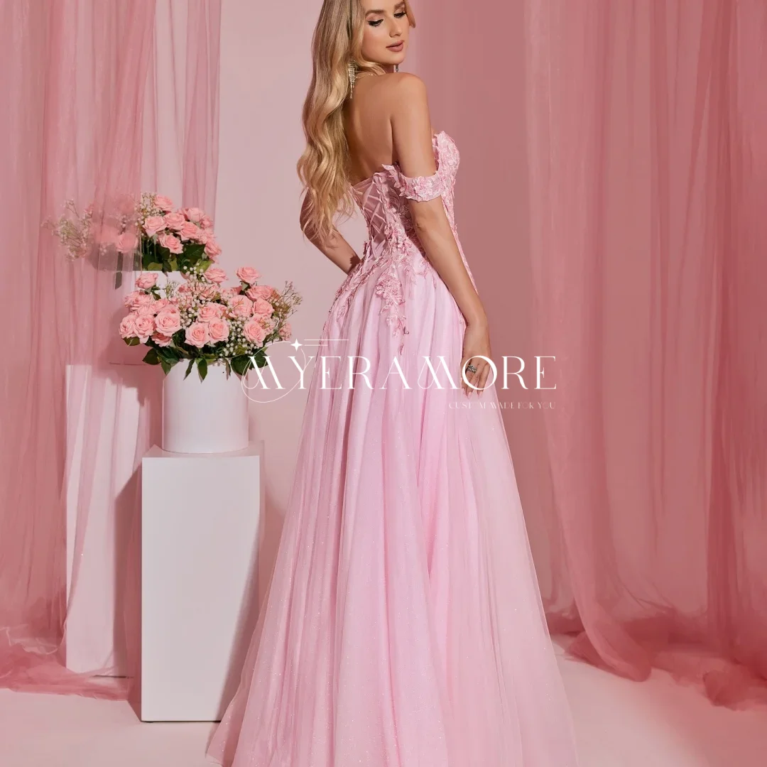 Pink Flowers Embroidery Princess Formal Evening Dresses Off The Shoulder Pleat Lace Glitter Tulle Wedding Guest Dress Customized