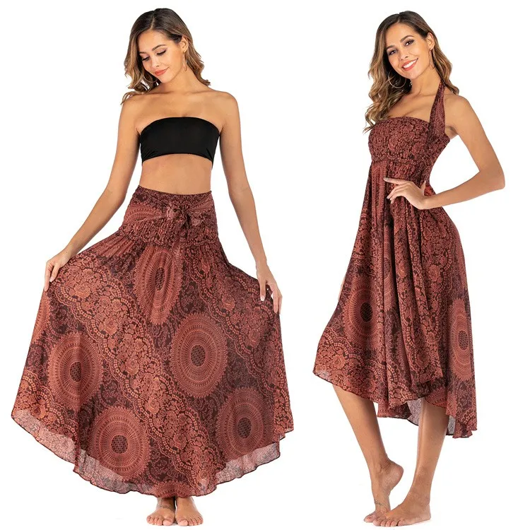 Women's Boho Flared Midi Long Skirt for Women – Halter Neck Sleeveless Printed Elastic Waist Casual No Collar Flowy Skirt