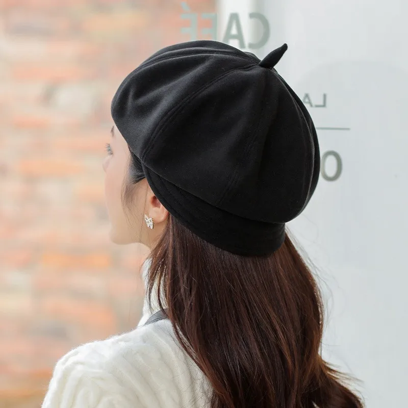 Solid color octagon woman autumn and winter beret Korean version of everything British retro hat woman