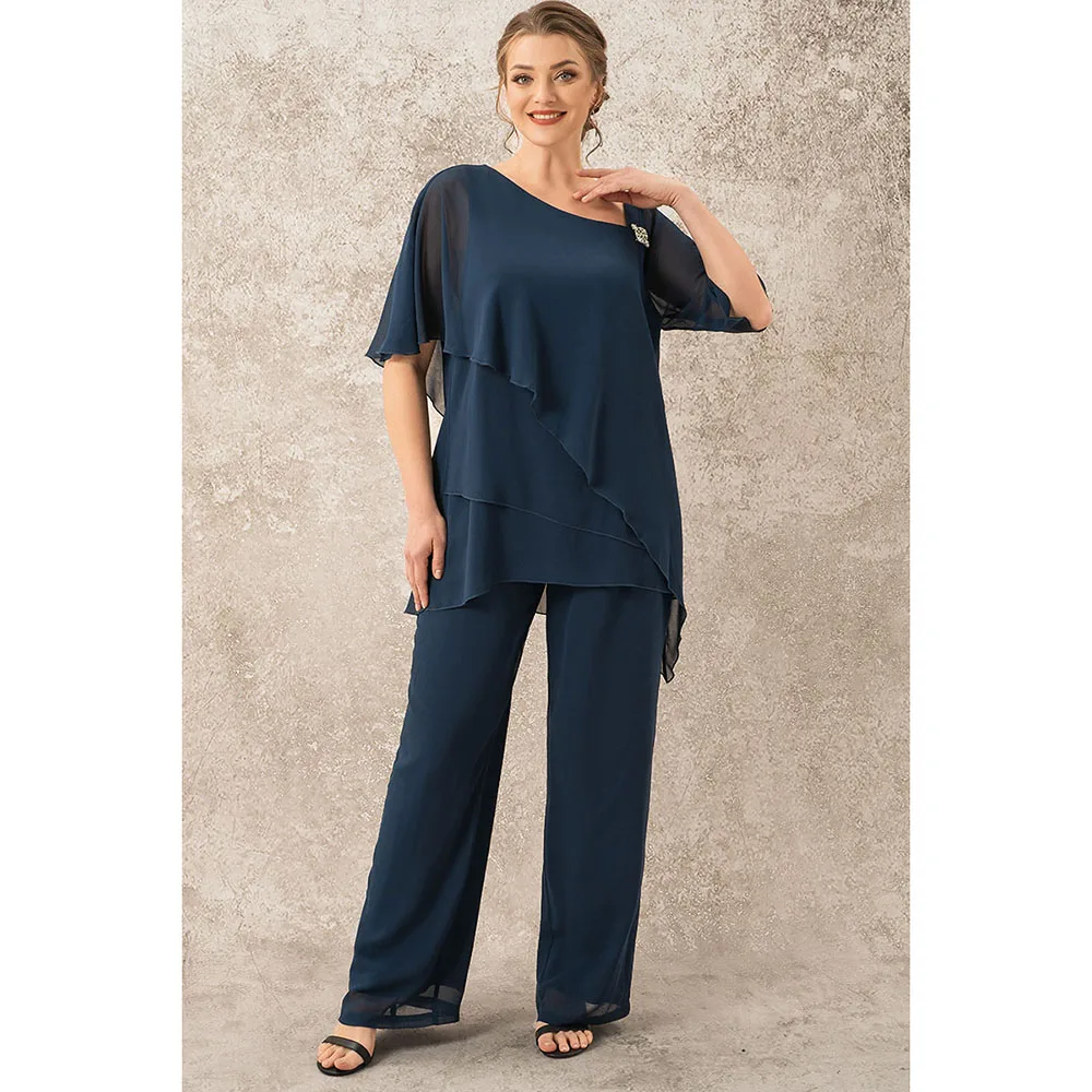 

Plus Size Mother Of The Bride Navy Blue Decorative Button Single Cape Asymmetrical Hem Two Piece Pant Suits