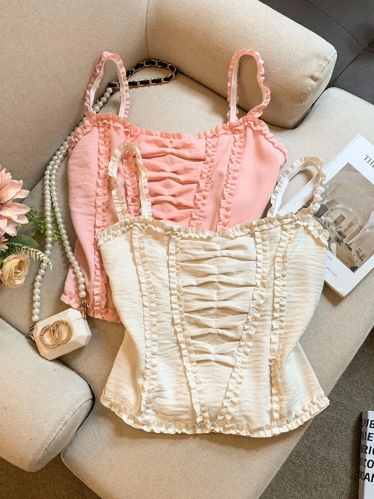 

Pure Desire Sexy Lace Trim Strap Vest Women's Summer New Design Slim Fit Spicy Girl Sleeveless Short Top Korean Style City Walk