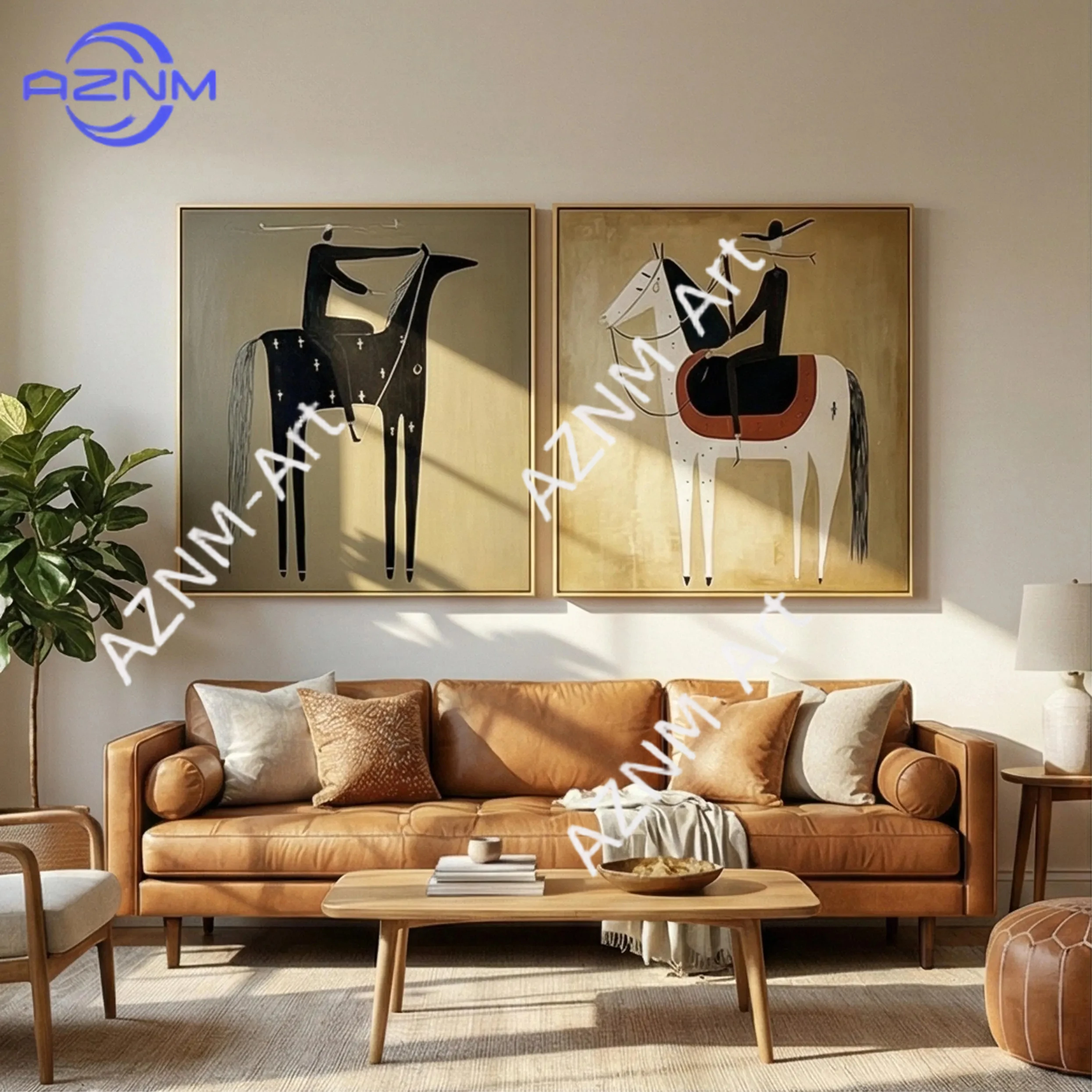 1/2-teiliges Original-Diptych im Mid-Century Modern Stil, abstraktes Pferde- und Reiterpaar mit langen Beinen, Leinwand-Wandkunst, Gallery-Ready Studio-Dekor-Set