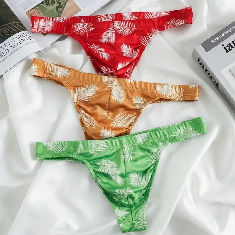 Men's Sexy Thongs And G Strings Low-Rise Feather Print Panties Ice Silk, Thin Breathable Quick-Drying T-Shaped Pouch Underwear
