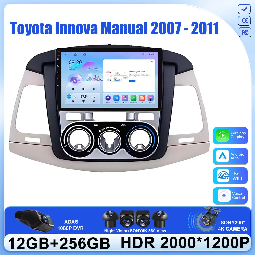 9Inch Android 16 For Toyota Innova Manual 2007 - 2011 8 Core Car Radio Video Player No 2din DVD Stereo CarPlay Head Unit 5G Wifi