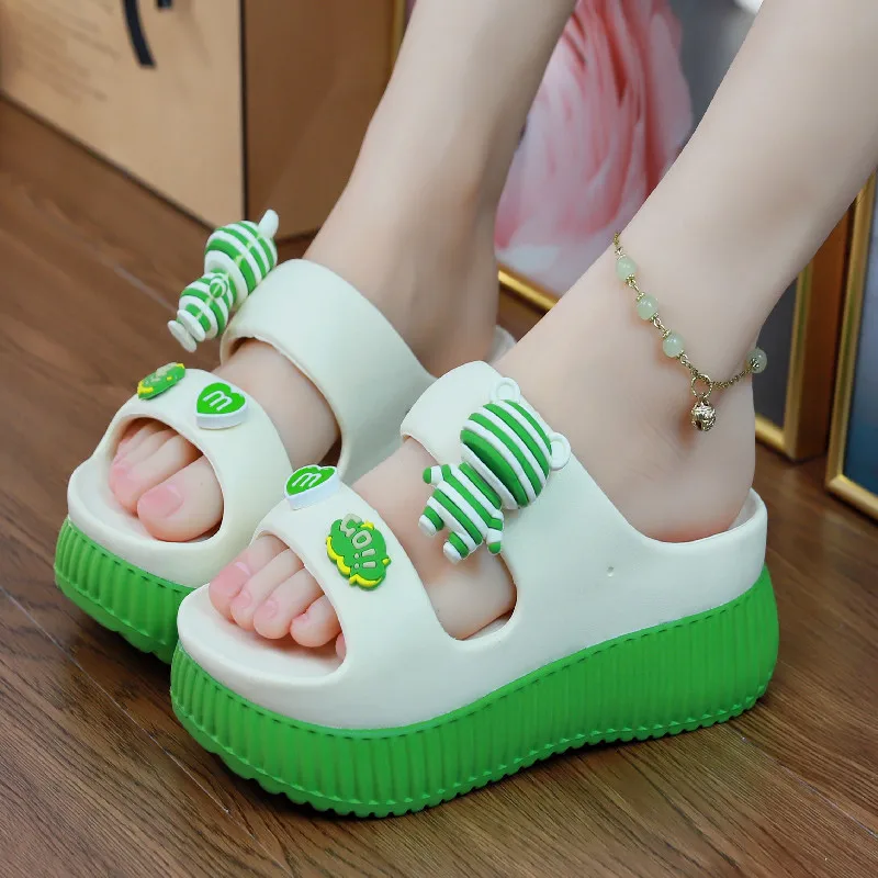 

New 7cm height increase slippers women's bear slides shoes woman two band EVA slippers female summer mules high platform slipper