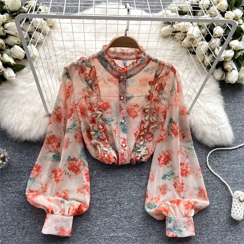 French Style Elegant Stand Collar Blouse Single-breasted Casual Lace Spliced Spring Autumn Women\'s Clothing Folds Shirring Shirt