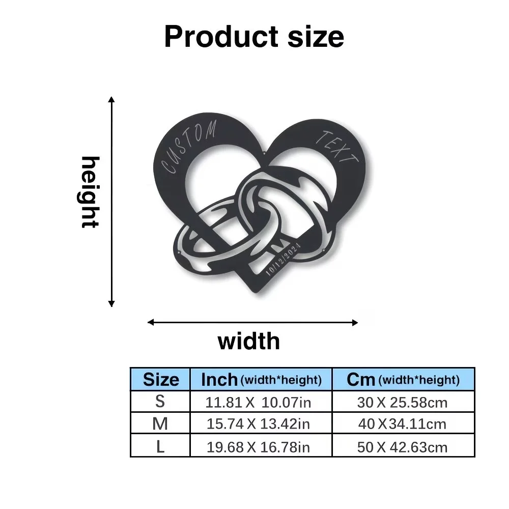 Customizable Metal Heart Wall Art with Interlocking Rings - Personalized Couple Names & Dates, Durable Indoor/Outdoor Decor