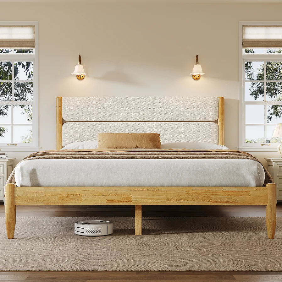 Queen Size Modern Adjustable Solid Wood Bed Frame with Fleece Upholstered Headboard Eco-Friendly Ivory