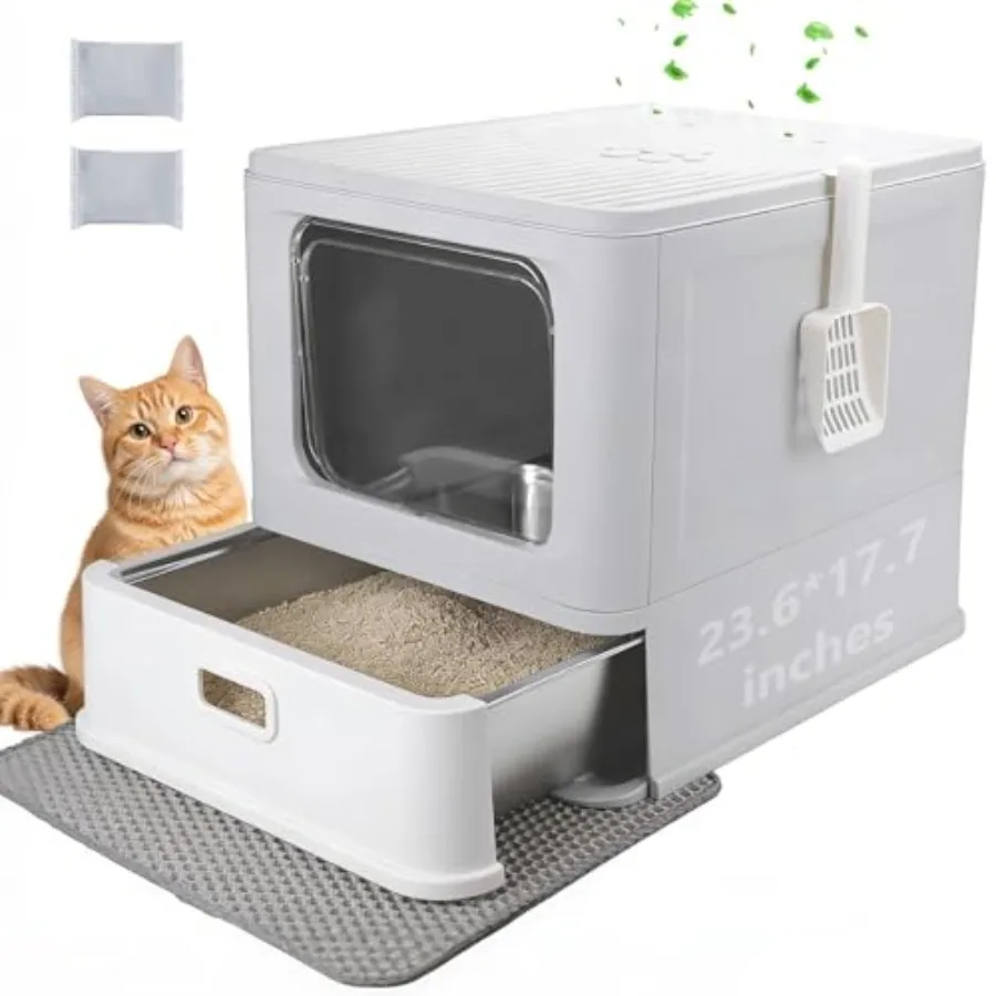 

Enclosed Stainless Steel Cat Litter BoxesLarge Foldable Litter Box with Lid Hooded Covered Stainless Steel Cat Litter Box Easy