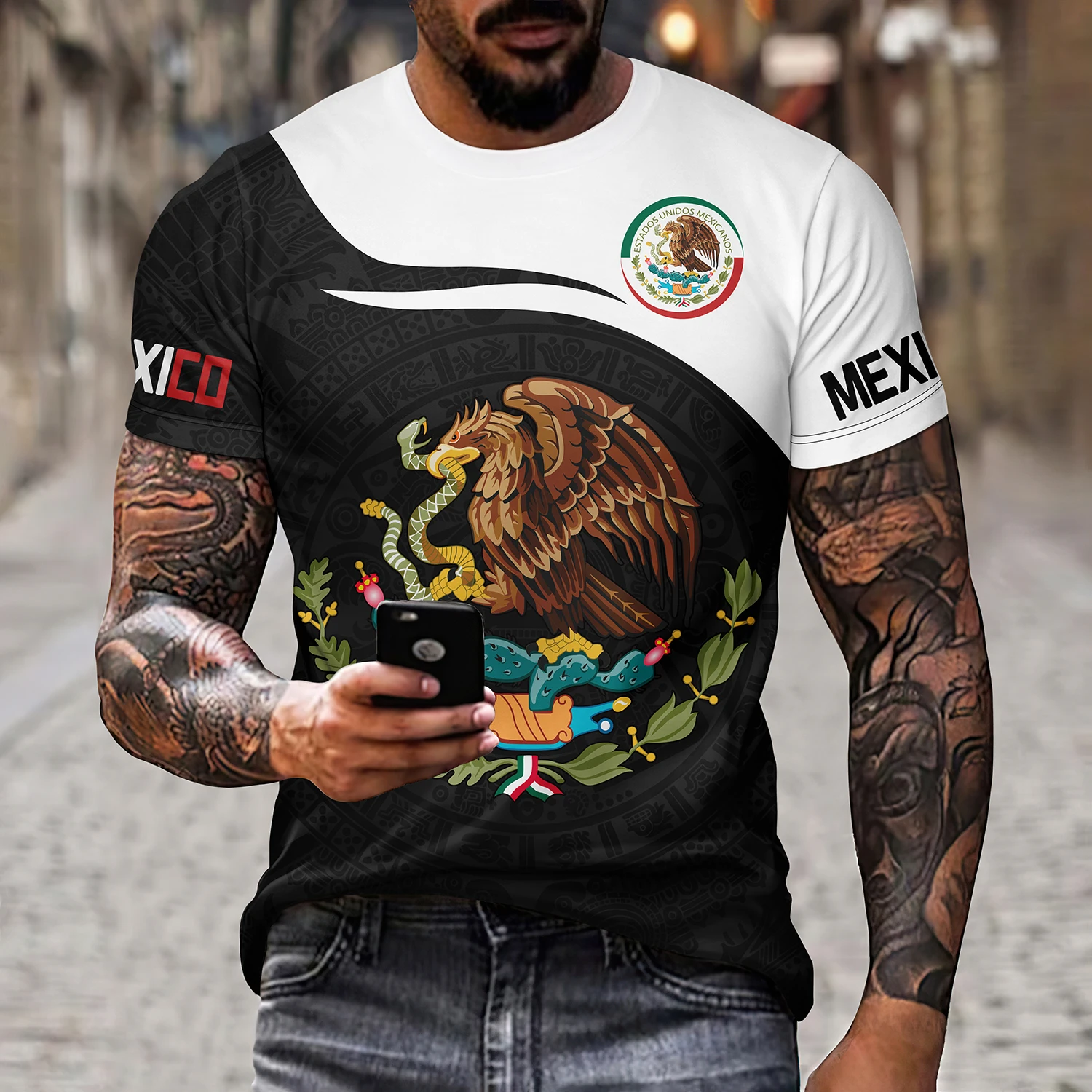 Mexican Flag Pattern T-shirt Summer Casual Pullover Men\'s Fashion Loose T-shirt Short Sleeve Top