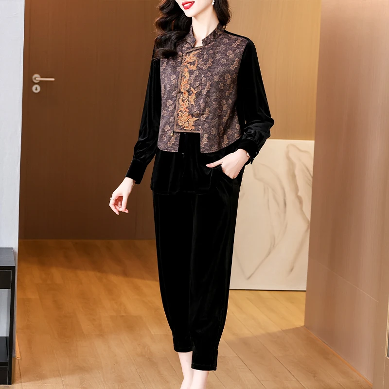 Autumn Black Velvet Long Sleeve Top Coat+Pants Skirt Two Piece Sets 2024 Female Chic Patchwork Beading Ruffled Pants Suits