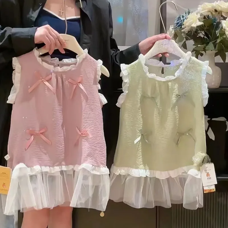 Baby Girl Pink Dress Summer Lace Bow Sleeveless Girls Dress Cute Girls Dresses for Children's Clothes Baby Girls Fashion Dresses