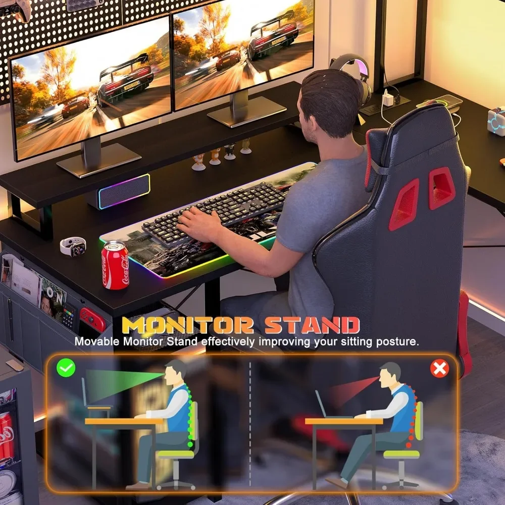 Mesa Gaming em forma de L com luzes LED e Tomadas, computador reversível