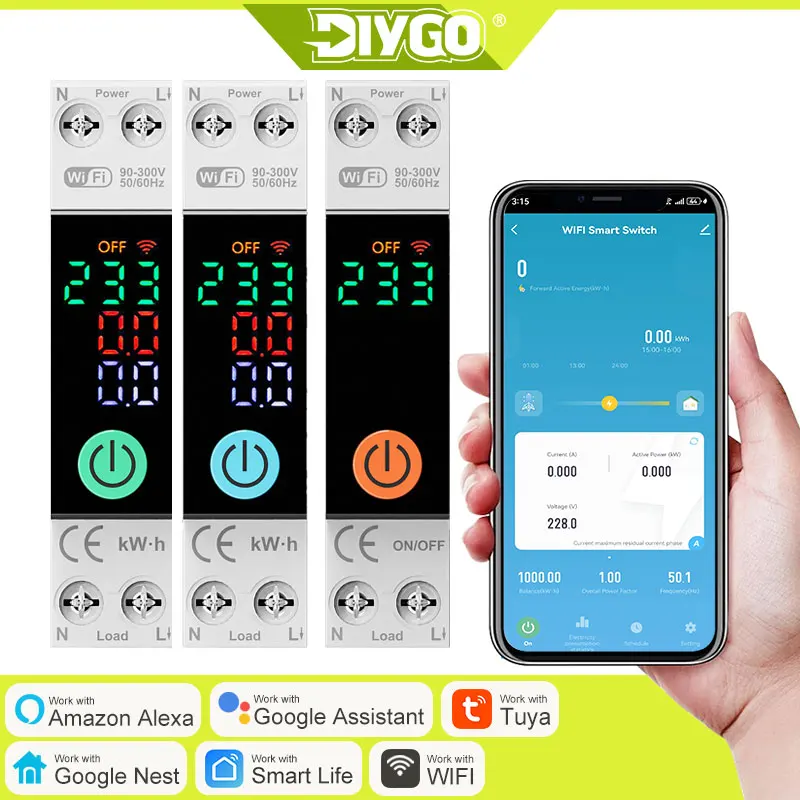 DIY GO WIFI Smart Circuit Breaker 1P+N AC 110V 230V Voltage Current Energy Display Protector Overload Protection Relay Memory