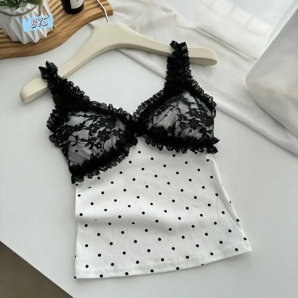 

Spicy Girl Style Sleeveless Crop Top V Neck Slim Fit Women Suspender Top Mesh Dot Sweet Lace Camisole with Pads Lady