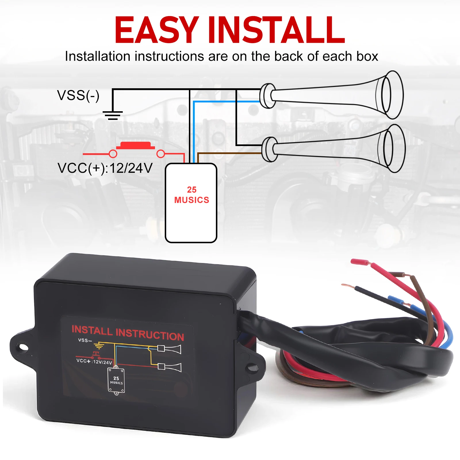 Musikhorn-Steuerbox 12-24V 25 Töne Schneckenlufthorn-Controller Schwarz ABS-Kunststoff Für Universal Auto LKW PKW 12V Einheit – Detail 4